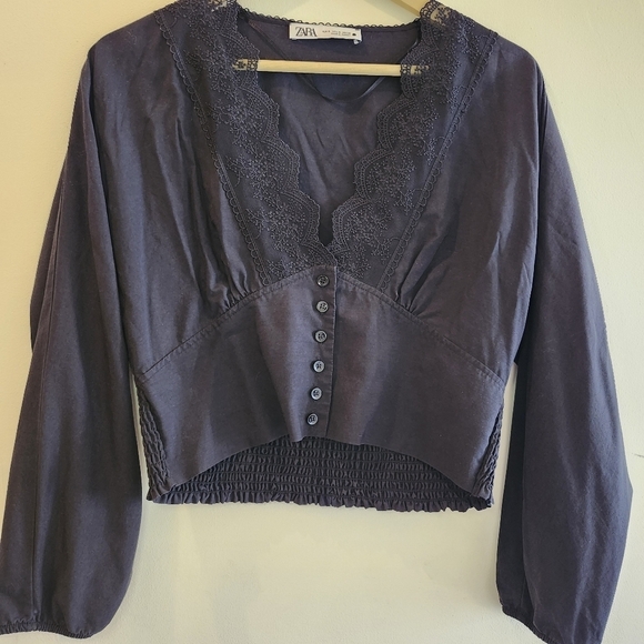 Zara Tops - ZARA Black Whimsigoth Long Sleeved Lace Plunging Neckline Crop Top Size Small